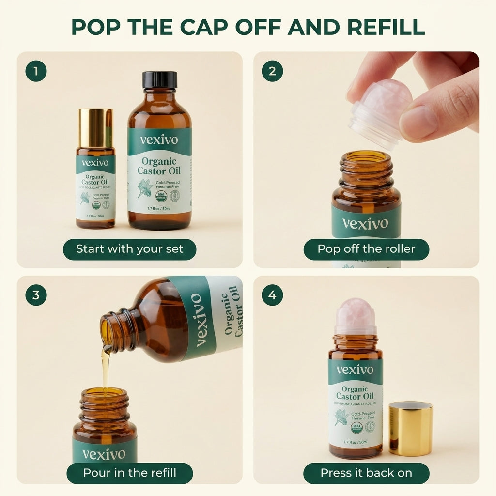 Vexivo | Cold Pressed Organic Castor Oil Roll-On in Amber Glass